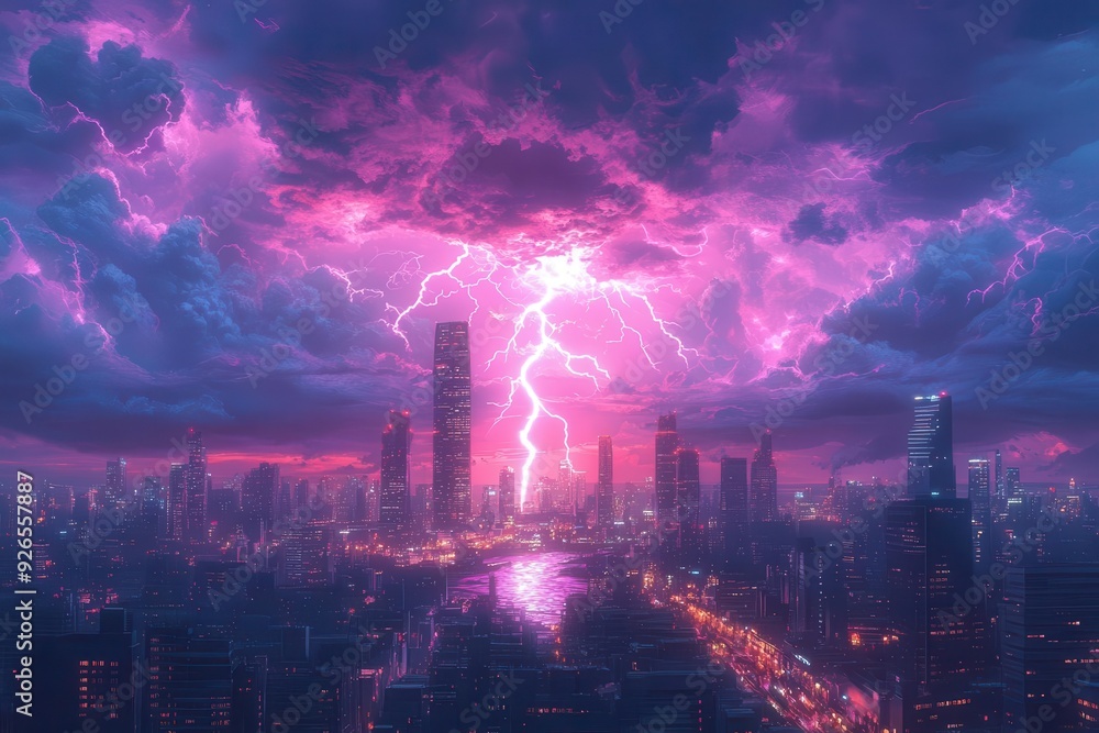 Fototapeta premium electrifying animestyle lightning strike illuminating a futuristic cityscape vibrant purples and blues dynamic composition