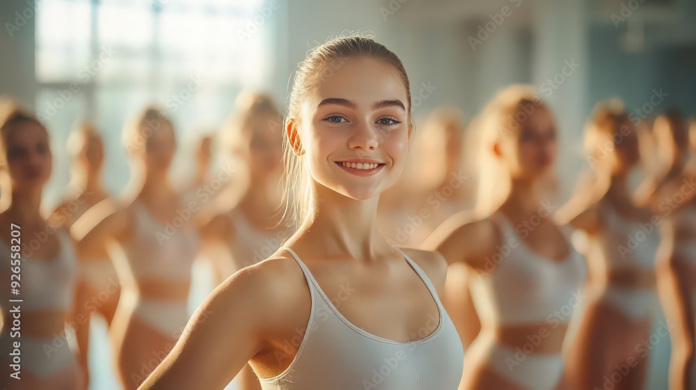 group of ballet dancers practicing in a studio, their movements reflected in the mirrors. group of ballet dancers practicing in a studio, their movements reflected in the mirrors.