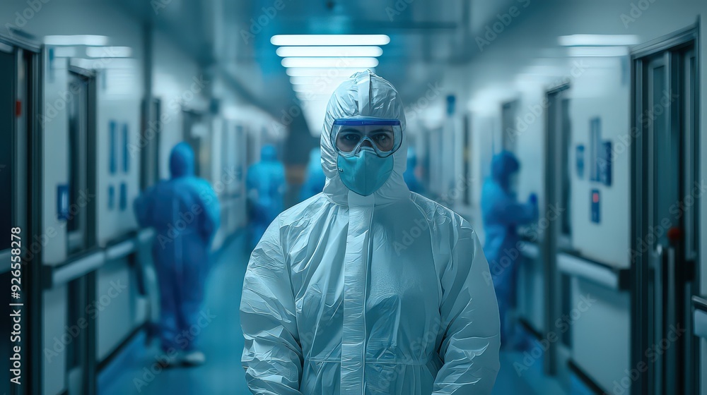 healthcare worker in full protective gear standing in a hospital corridor, surrounded by colleagues in similar attire. healthcare worker in full protective gear standing in a hospital corridor, surrounded by colleagues in similar attire.