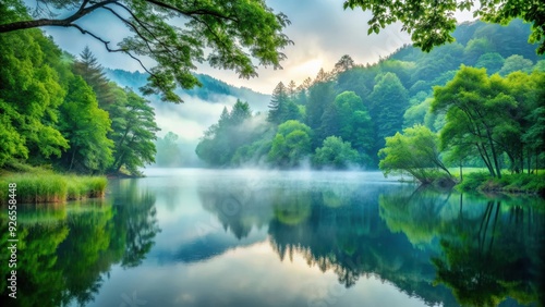 Beautiful landscape of misty lake with lush greenery , fog, nature, tranquil, serene, peaceful, mist, water, reflection, scenic
