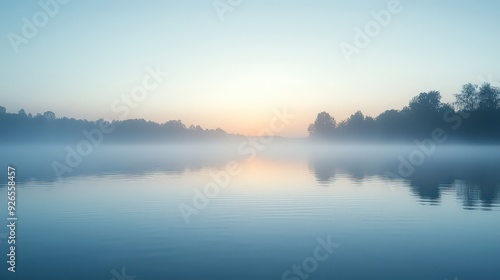 Wallpaper Mural  serene lake at dawn, with mist rising from the water and the first light of day breaking over the horizon. Torontodigital.ca