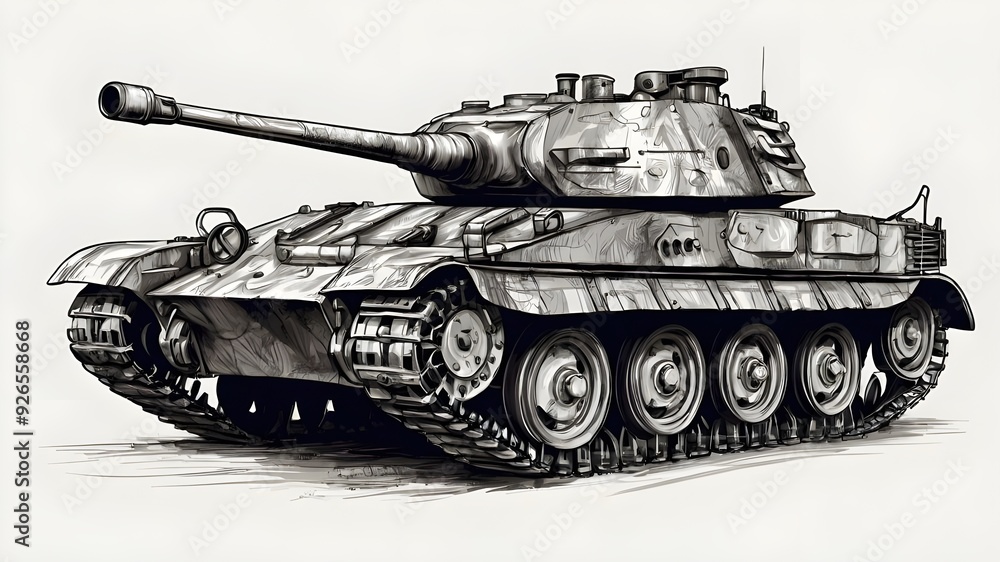 Hand Drawn Military Tank, World War Machine, Vector Illustration, Isolated on White Background Hand Drawn Military Tank, World War Machine, Vector Illustration, Isolated on White Background