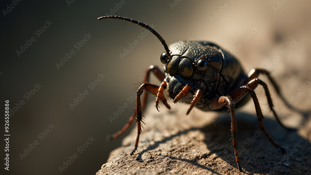 Detailed Close-Up of a Creepy Insect, Like a Spider or Beetle, with Exaggerated Features and Shadows Detailed Close-Up of a Creepy Insect, Like a Spider or Beetle, with Exaggerated Features and Shadows