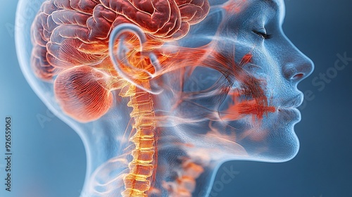 3D Human Brainstem Anatomy: A high-quality 3D rendering of the brainstem, showing connections to the spinal cord and cranial nerves.