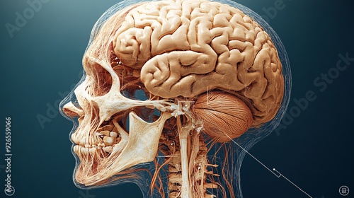 3D Human Brainstem Anatomy: A high-quality 3D rendering of the brainstem, showing connections to the spinal cord and cranial nerves.