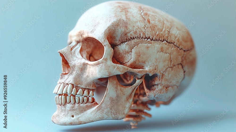 Naklejka premium 3D Human Skull Anatomy: A detailed 3D depiction of the human skull, showing cranial bones and facial structure.