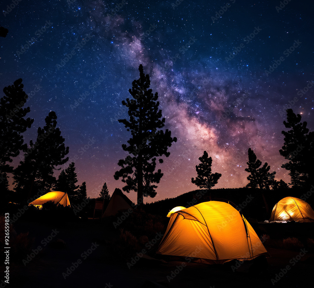 Starry night sky above a campsite, with silhouettes of tents and trees against the backdrop of the Milky Way. Starry night sky above a campsite, with silhouettes of tents and trees against the backdrop of the Milky Way.