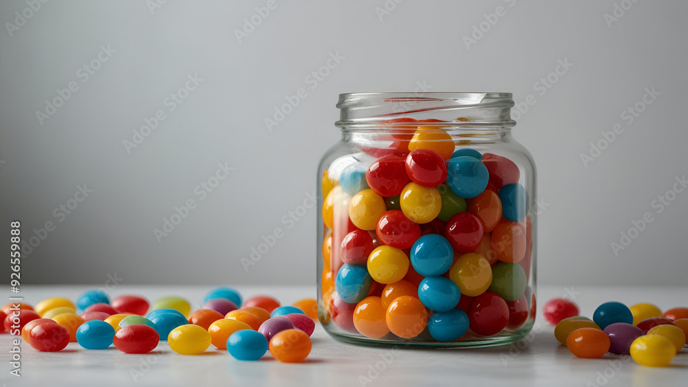 Colorful Candies in a Transparent Glass Jar on a White Table, Sweet Treats Display Colorful Candies in a Transparent Glass Jar on a White Table, Sweet Treats Display