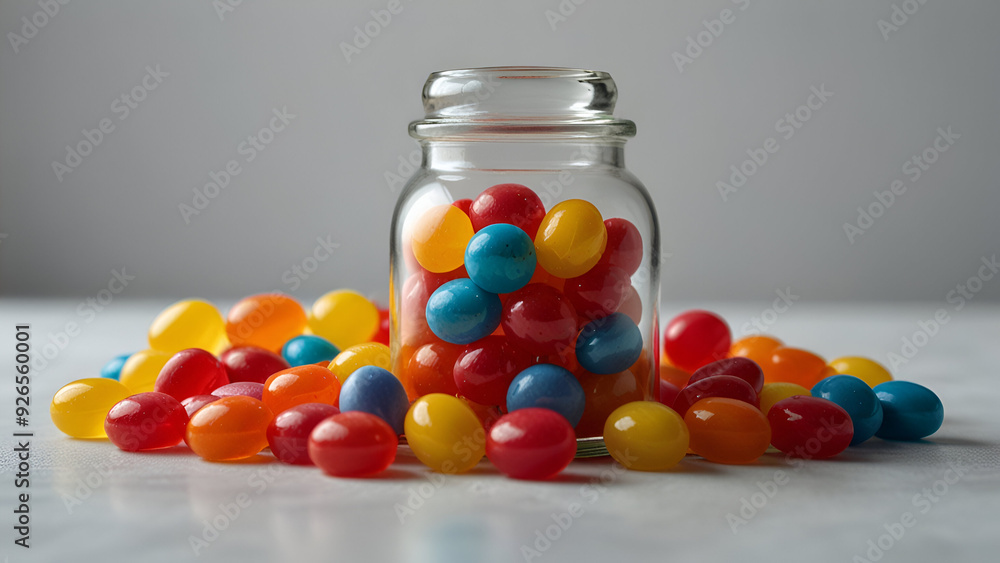 Colorful Candies in a Transparent Glass Jar on a White Table, Sweet Treats Display Colorful Candies in a Transparent Glass Jar on a White Table, Sweet Treats Display