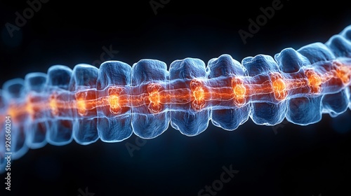 3D Human Spinal Cord Anatomy: A detailed 3D rendering of the spinal cord, showing vertebrae, discs, and spinal nerves. photo