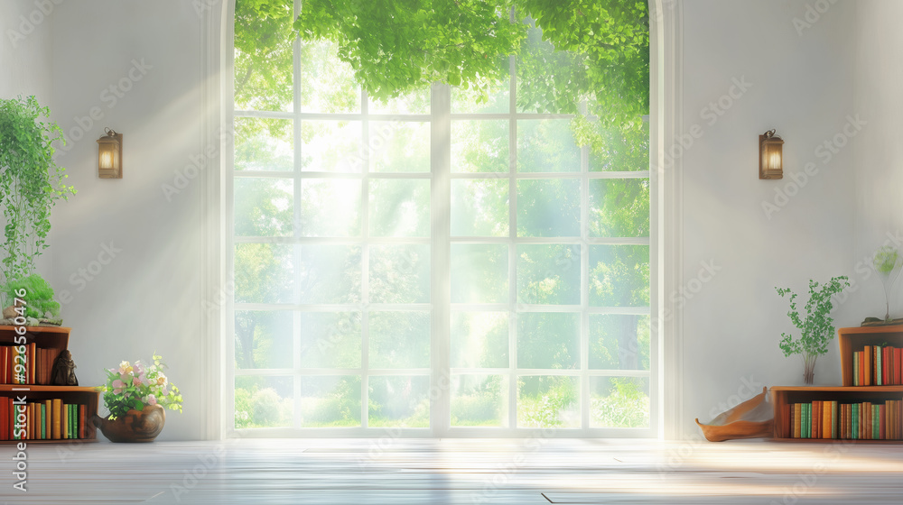 A bright and airy room with large windows filled with sunlight, minimal decor, a peaceful atmosphere A bright and airy room with large windows filled with sunlight, minimal decor, a peaceful atmosphere