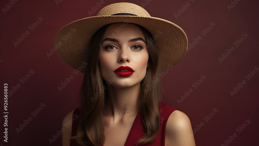 Elegant Lady with Wide-Brimmed Hat and Red Lips on Burgundy Background, Retro Fashion. Ready for party Elegant Lady with Wide-Brimmed Hat and Red Lips on Burgundy Background, Retro Fashion. Ready for party