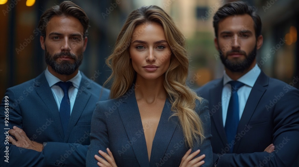 Three confident individuals stand together, showcasing unity and ambition against a backdrop of modern architecture at dusk Three confident individuals stand together, showcasing unity and ambition against a backdrop of modern architecture at dusk