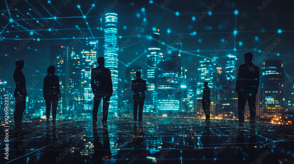 abstract professional business team people connection of line from nail node to node on Smart digital cityscap and skyline background , Innovation networking concept abstract professional business team people connection of line from nail node to node on Smart digital cityscap and skyline background , Innovation networking concept