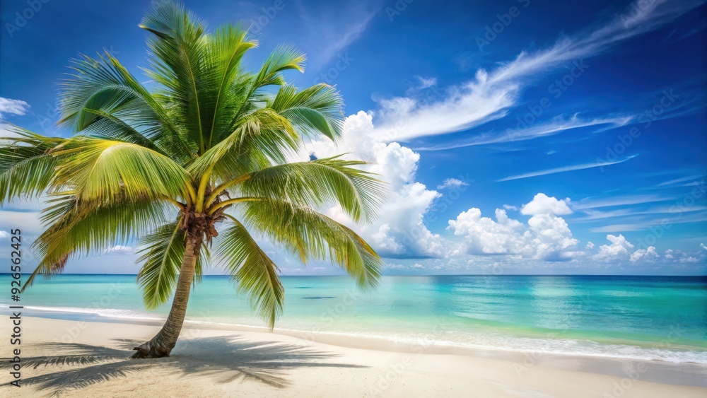 Obraz premium Tropical beach scene with a coconut palm tree , paradise, sandy beach, turquoise water, exotic, tropical