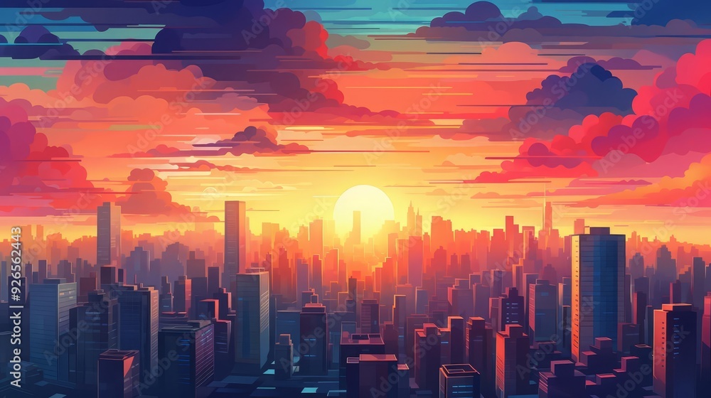 Bright city skyline flat design top view vibrant metropolis animation Splitcomplementary color scheme Bright city skyline flat design top view vibrant metropolis animation Splitcomplementary color scheme
