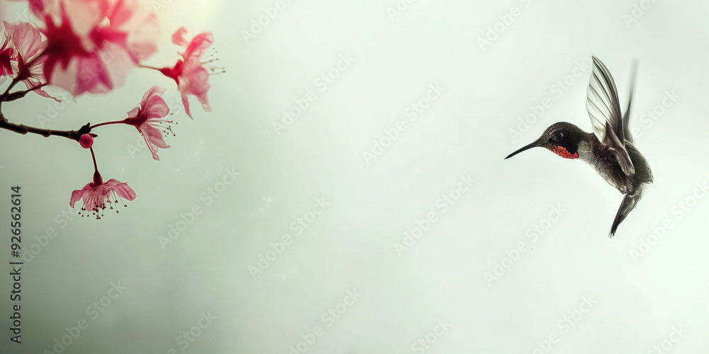 Hummingbird in Flight Near Pink Blossoms Against Soft Green Background Hummingbird in Flight Near Pink Blossoms Against Soft Green Background