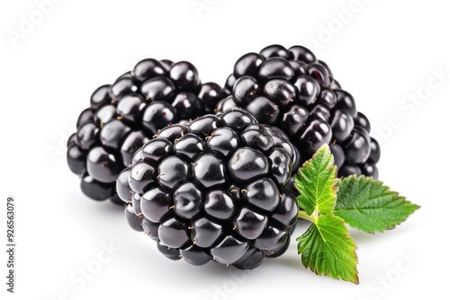 blackberries with green leaves isolated on white