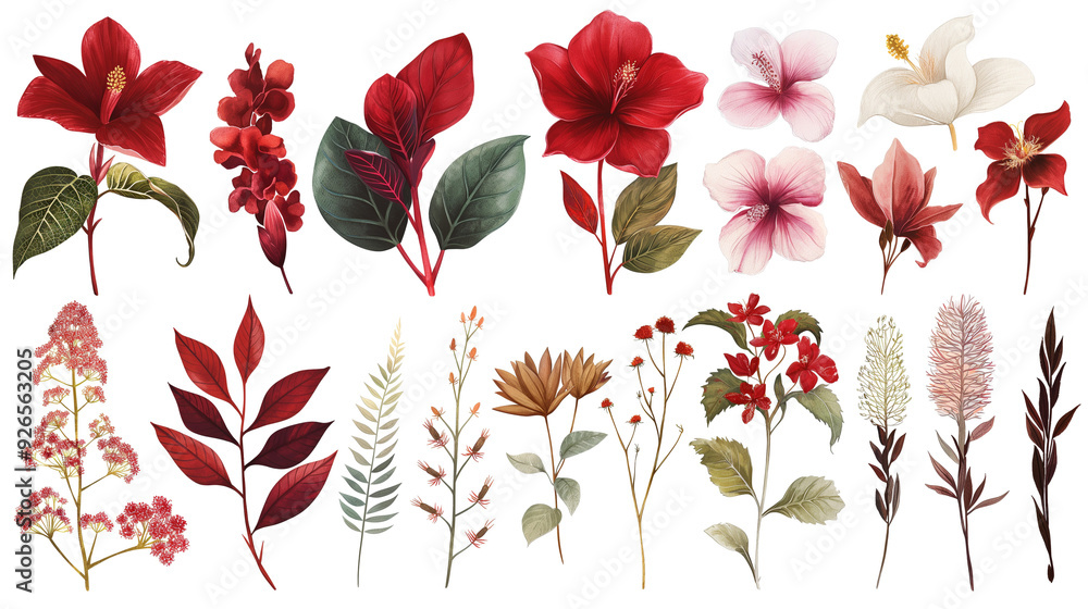 Collection of Red and Pink Flowers Botanical Illustration on White Background Collection of Red and Pink Flowers Botanical Illustration on White Background
