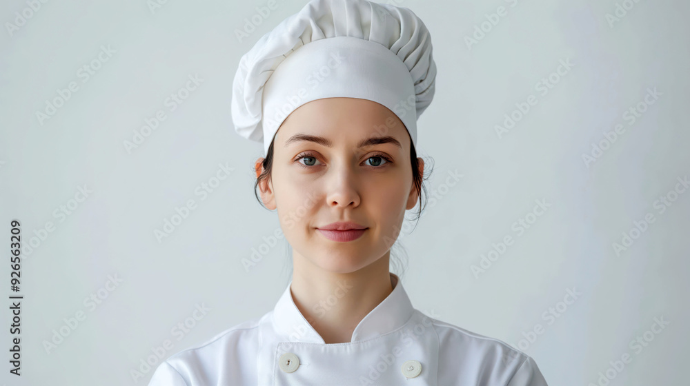 Professional Female Chef in White Uniform and Chef Hat Against White Background Professional Female Chef in White Uniform and Chef Hat Against White Background