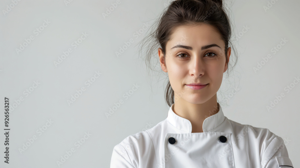 Confident Female Chef in Professional Attire Against Plain Background Confident Female Chef in Professional Attire Against Plain Background