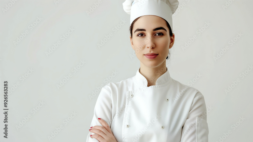 Confident Female Chef in White Uniform and Hat with Crossed Arms on Light Background Confident Female Chef in White Uniform and Hat with Crossed Arms on Light Background