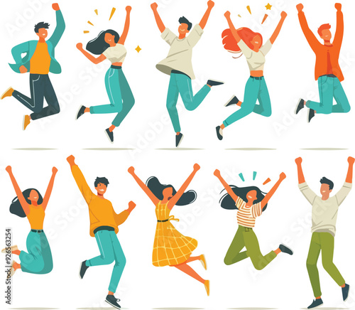 Happy characters jumping for joy, and fu. Young excited people celebrating success, achievement. Free active men, women with positive energy. Flat vector illustrations set isolated on white background