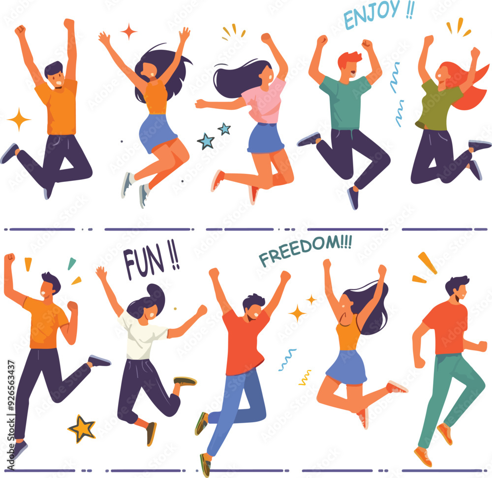 Happy characters jumping for joy, and fu. Young excited people celebrating success, achievement. Free active men, women with positive energy. Flat vector illustrations set isolated on white background