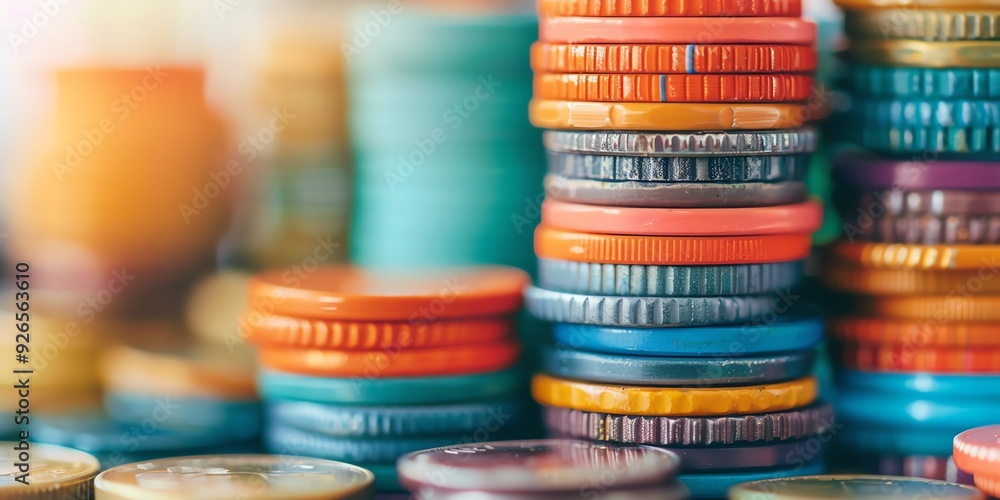 Colorful stacked coins closeup, macro shot, finance, wealth, money Colorful stacked coins closeup, macro shot, finance, wealth, money