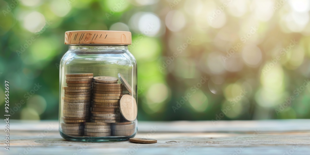Glass jar filled with coins on a wooden table with a blurry green background. Glass jar filled with coins on a wooden table with a blurry green background.