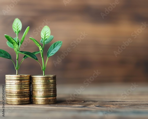 Two green plants growing out of stacks of golden coins on a wooden table.