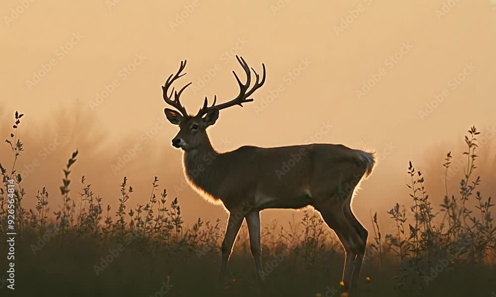 Deer in foggy morning. European roe deer, Capreolus capreolus, at sunset. Majestic buck standing in flowered meadow during rut season Deer in foggy morning. European roe deer, Capreolus capreolus, at sunset. Majestic buck standing in flowered meadow during rut season