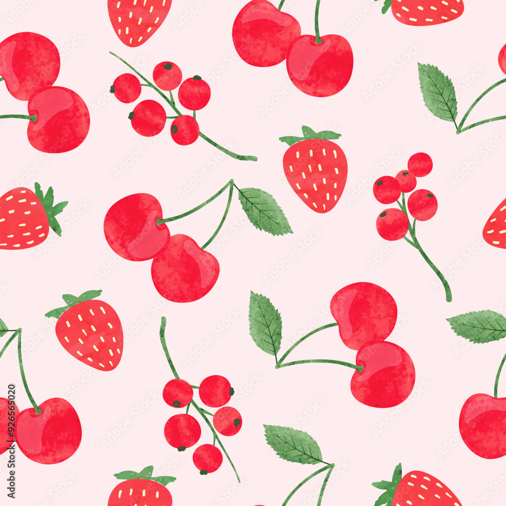 Strawberry, cherry and currant pattern. Seamless summer background with watercolor red berries Strawberry, cherry and currant pattern. Seamless summer background with watercolor red berries