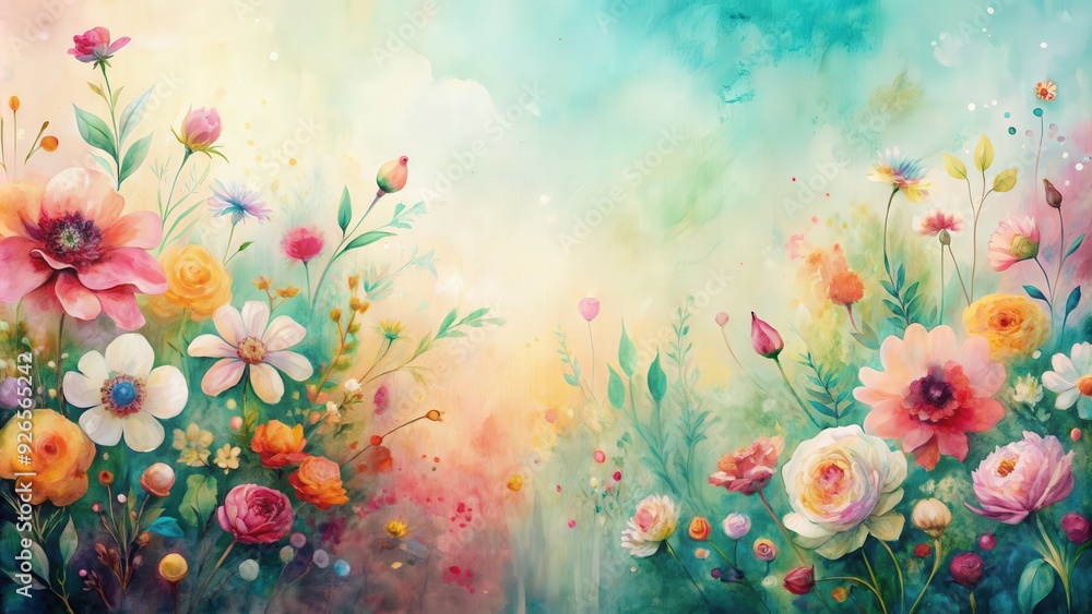 Obraz premium Artistic watercolor and acrylic smear flower blot painting with abstract texture pastel color stain on a horizontal long background