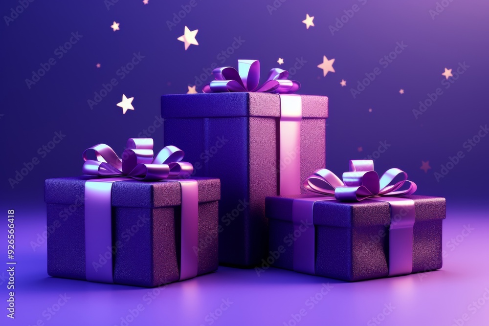 Stack of purple gift boxes with ribbons on a festive background.