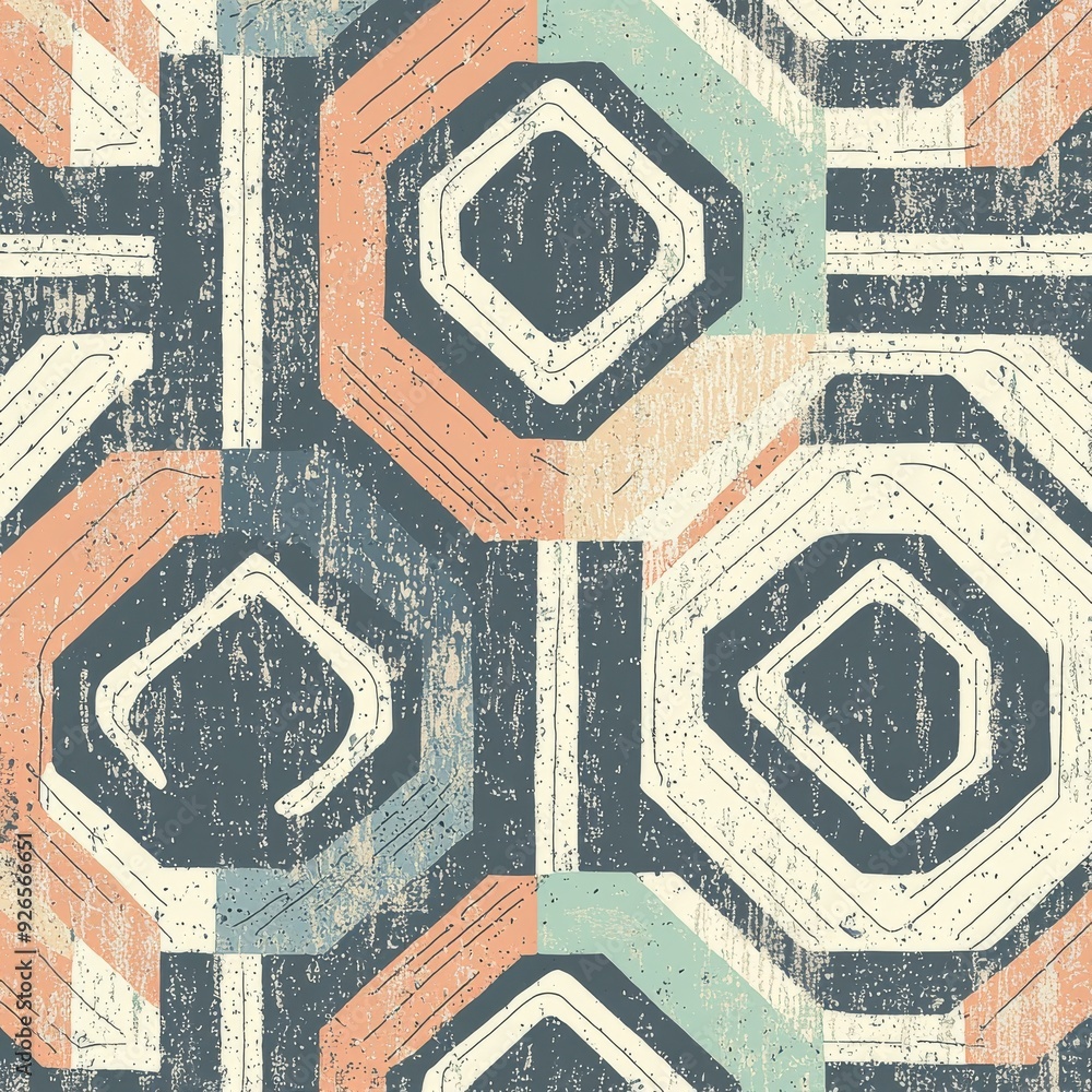 Obraz premium Hand-Painted Textured Wallpaper Pattern in Organic Geometric Style with Random Pantone Colors and White Lines - Reminiscent of Japanese Woodblock Prints