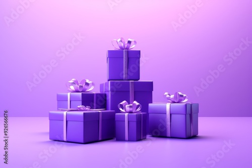 Stack of purple gift boxes with ribbons on a festive background.