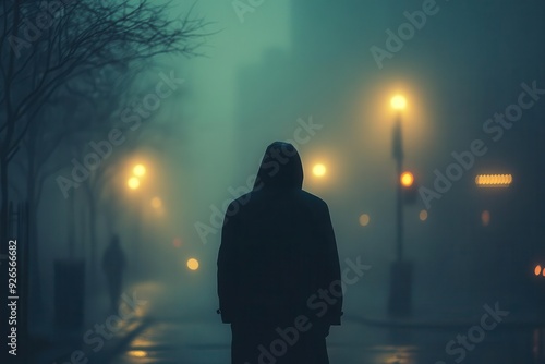 solitary figure in hooded raincoat walks through misty urban landscape moody atmosphere with rainslicked streets and hazy streetlights evokes film noir aesthetic photo