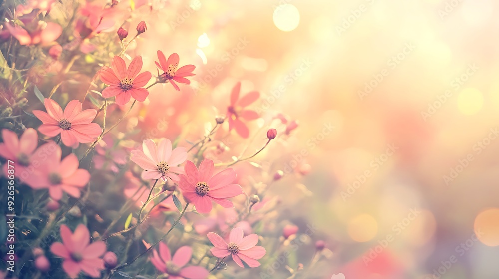 Delicate pink flowers blooming in the warm summer sun with a soft bokeh background. Delicate pink flowers blooming in the warm summer sun with a soft bokeh background.
