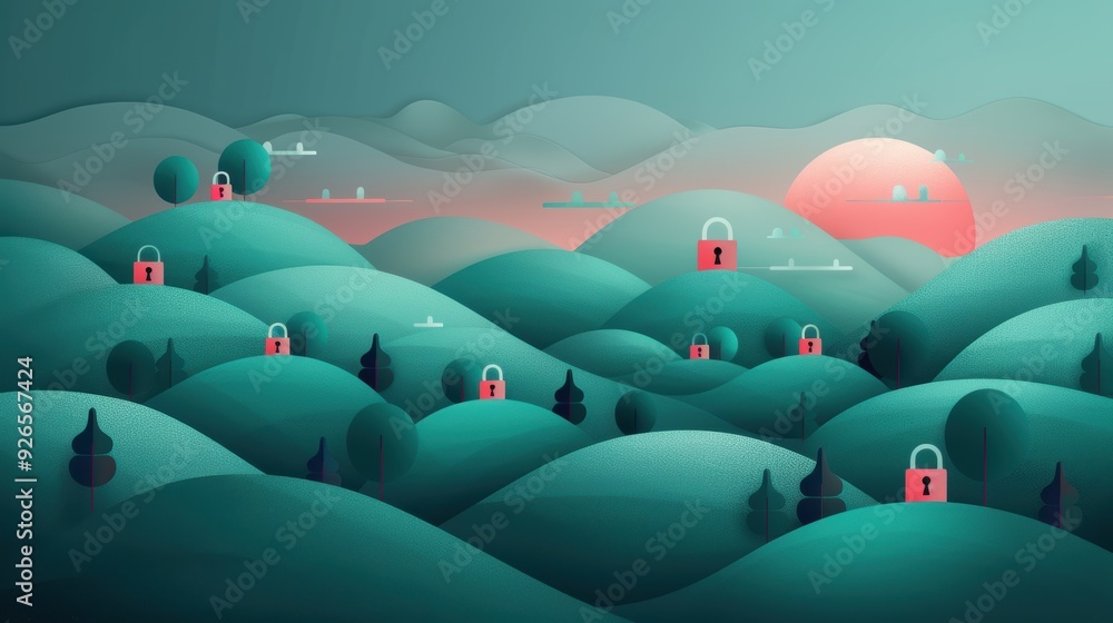 Obraz premium Illustration of a digital landscape with padlocks scattered across, representing the fortified digital security provided by password managers.