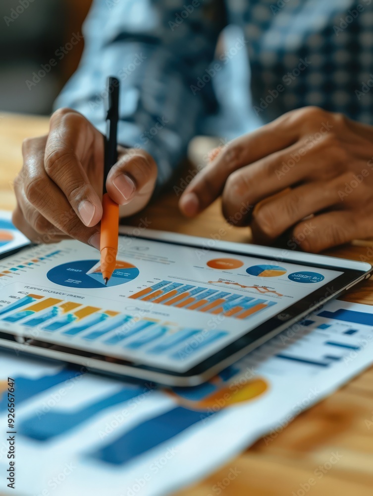 Business Professional Analyzing Financial Data on Tablet with Graphs and Charts in Office Setting Business Professional Analyzing Financial Data on Tablet with Graphs and Charts in Office Setting