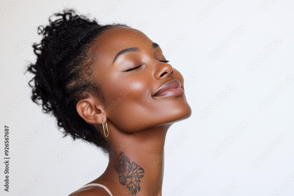 A close up of a tattooed black woman's face with her eyes closed A close up of a tattooed black woman's face with her eyes closed