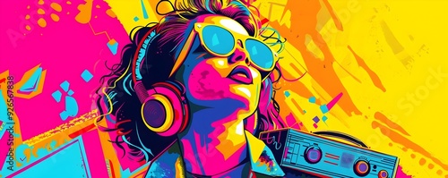 Vibrant Pop Art Teenager with Boombox Neon Graffiti Urban Scene