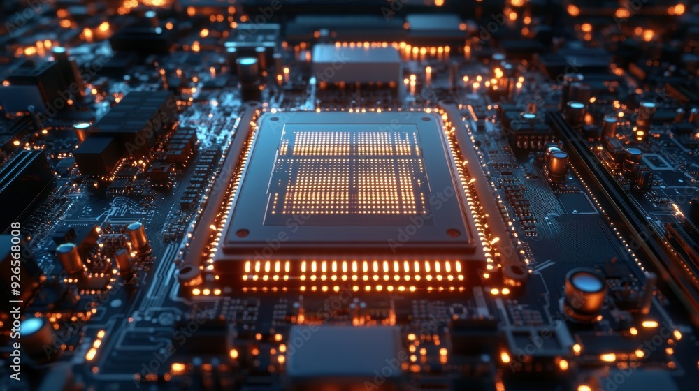 Fototapeta premium Close-up of a central computer processor on a motherboard, illuminated by digital light patterns, surrounded by technological circuitry in a futuristic scene.