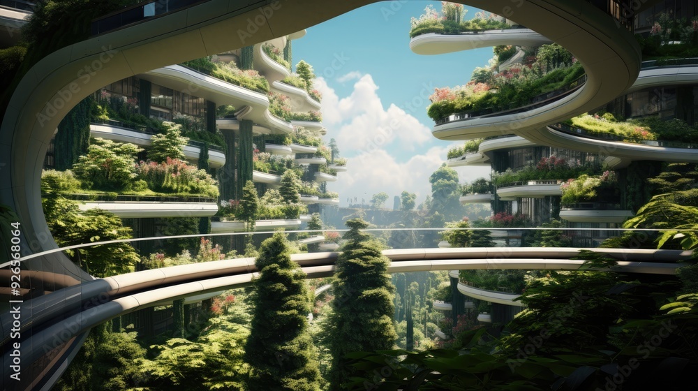 A futuristic green urban landscape with lush vegetation and modern architecture. A futuristic green urban landscape with lush vegetation and modern architecture.