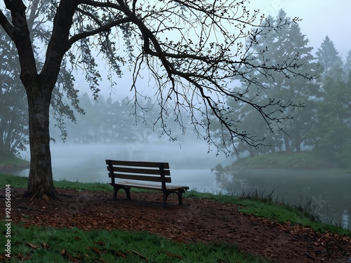 Bench by a Foggy Lake