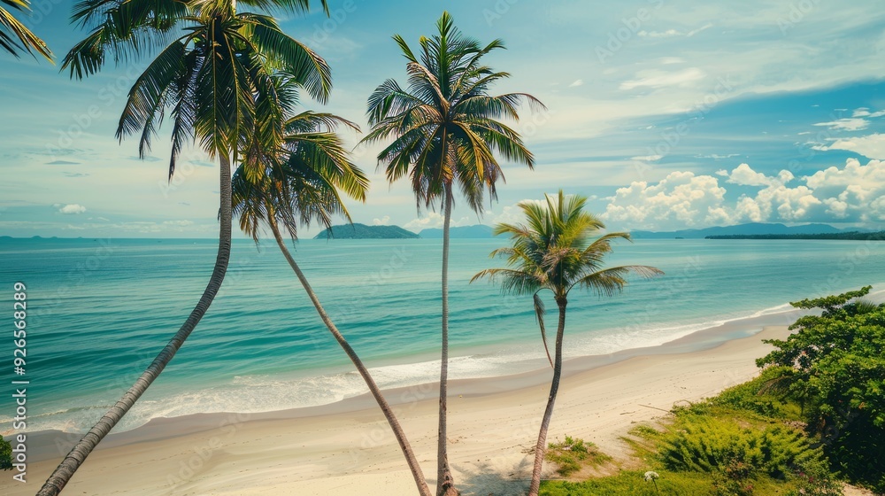 Fototapeta premium Palm trees, sand, sea. Summer vacation