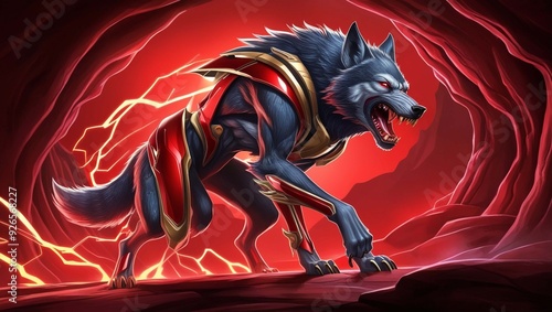 Create a detailed illustration of a fierce werewolf with a futuristic design. The werewolf should feature sleek red and gold metallic accents and be set against a dramatic red cave backdrop. Incorpora