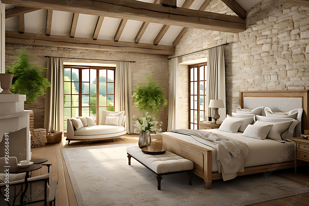 French country interior design of modern bedroom in farmhouse French country interior design of modern bedroom in farmhouse