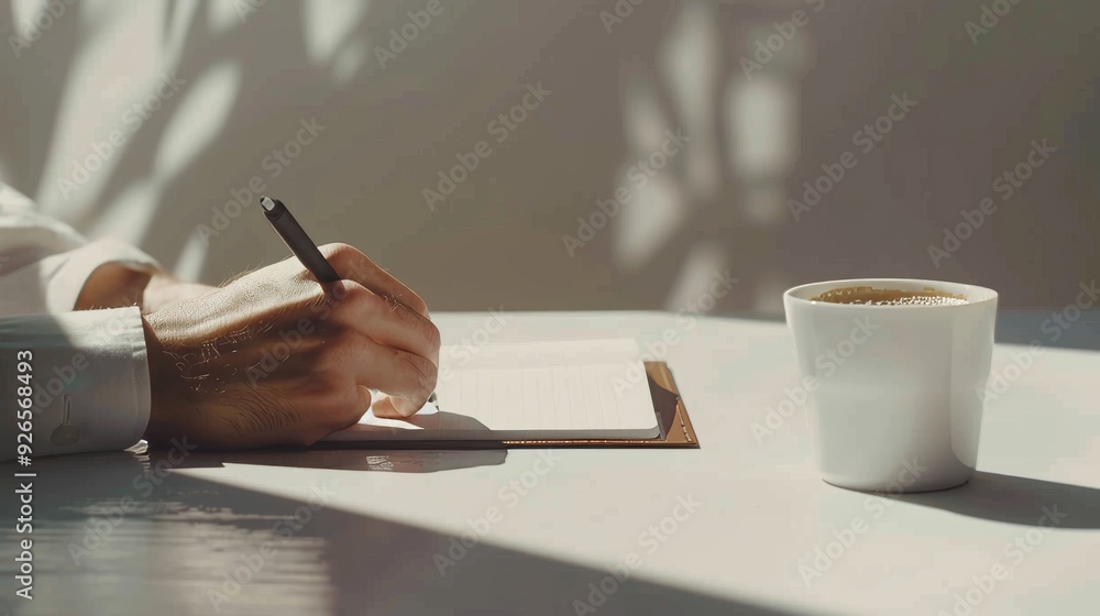 A man's hand close-up makes a note in a notepad at the table A man's hand close-up makes a note in a notepad at the table